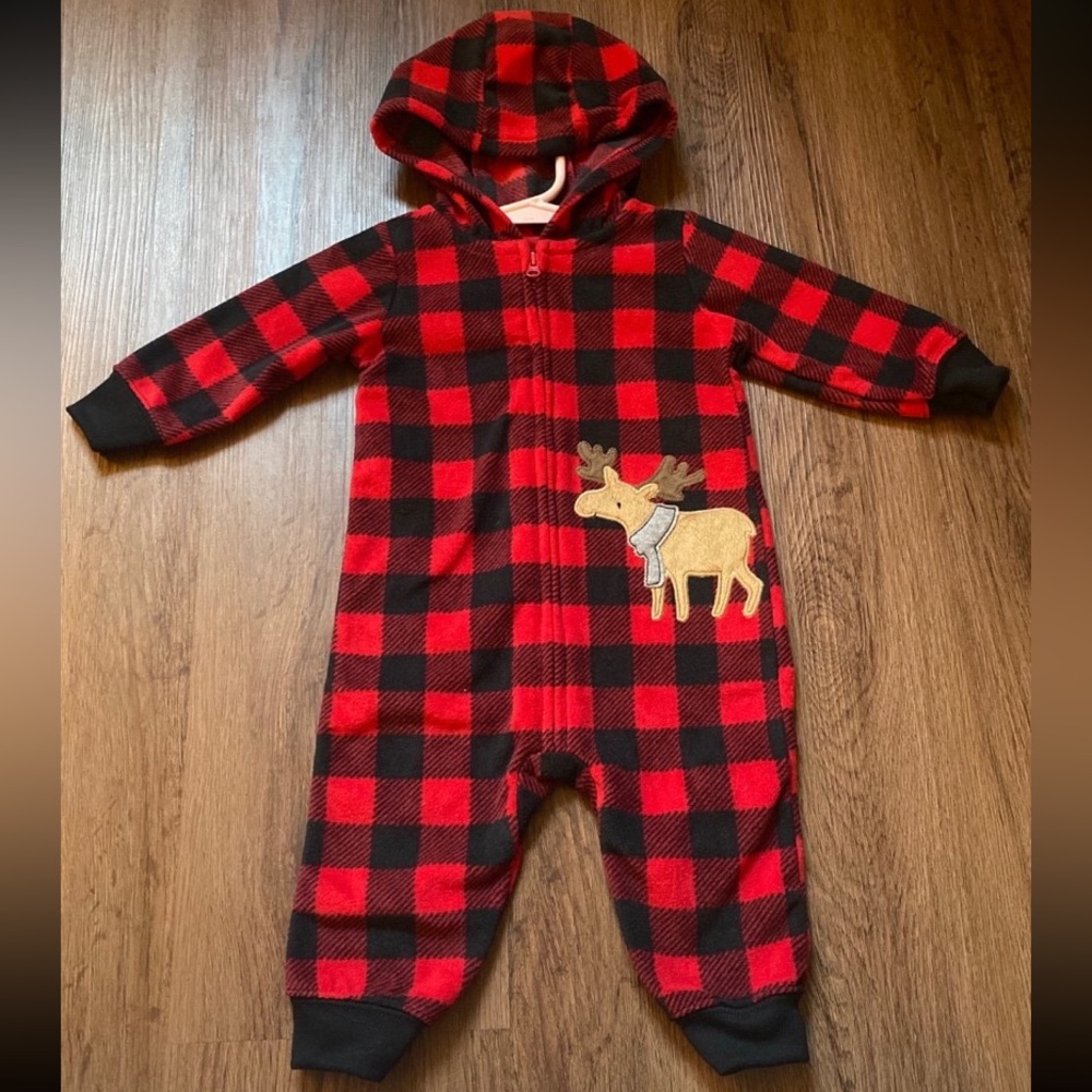 SOLD- Carter’s Buffalo Place Fleece Moose Romper- New! Size 3/6 Months